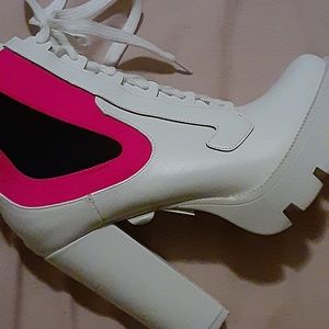 Black pink and white boots
